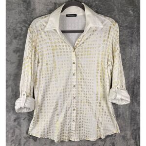 David Cline Pearl Snap Top Womens M White Gold Glitter Polka Dots Boho Fairy USA